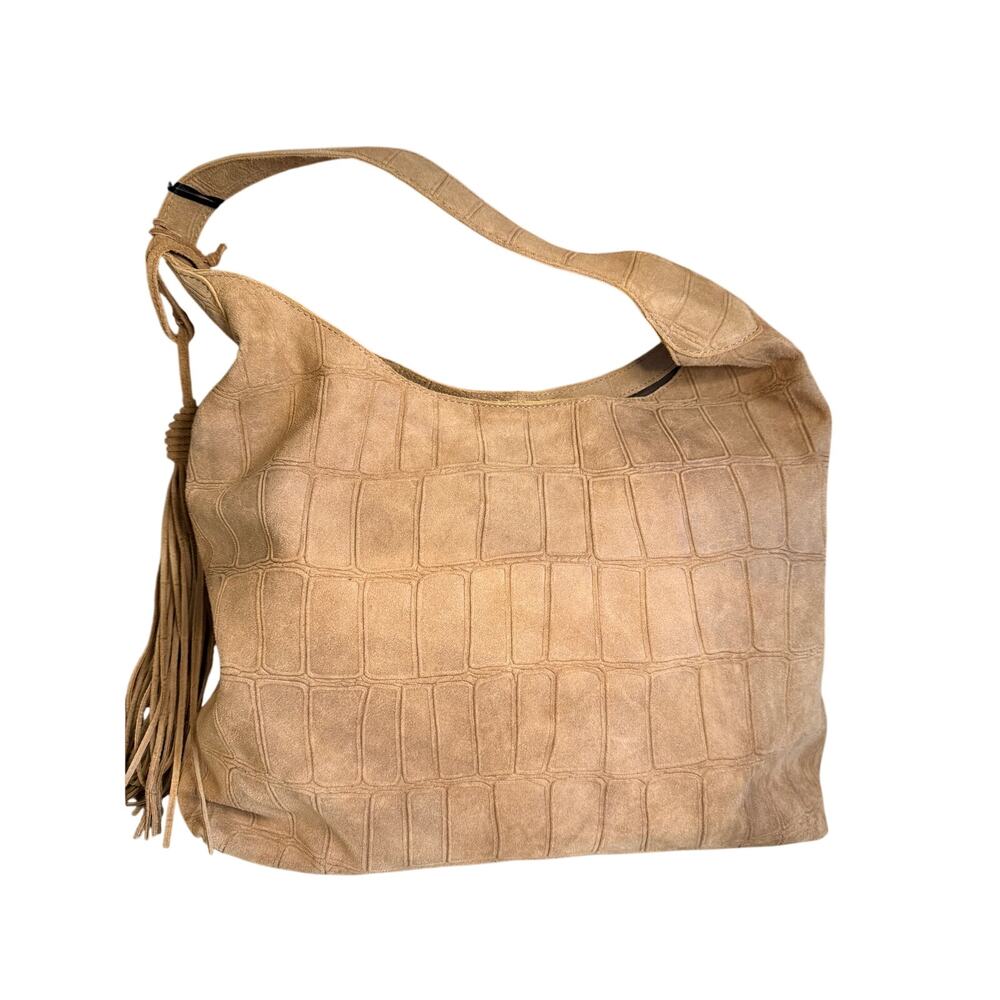 Silviano Suede Croc Embossed Hobo Bag Camel Tan